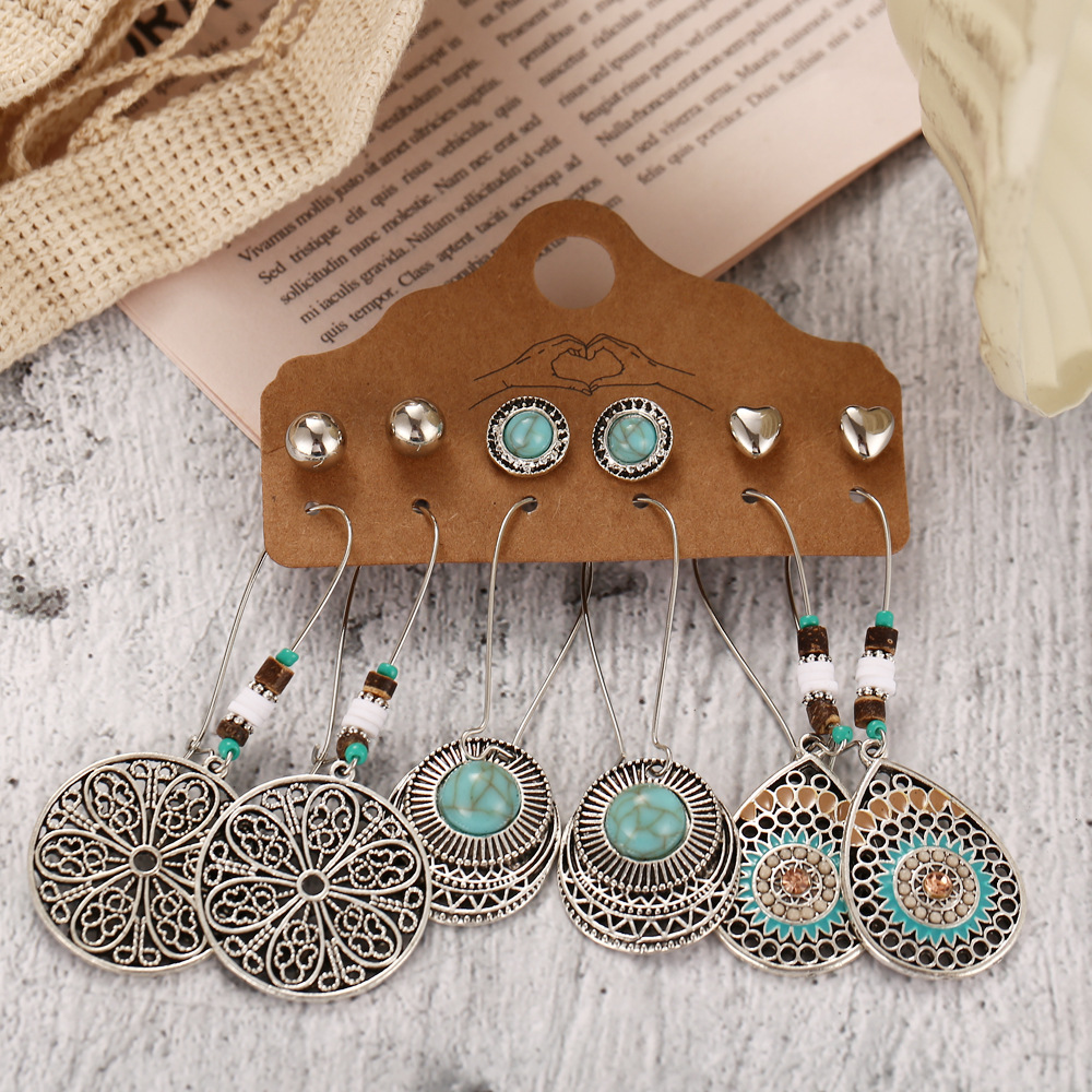 Korean Fashion European And American Love Hollowed Out Half Round Earrings 6 Pairs Of Creative Leaf-feathered Vintage Earrings