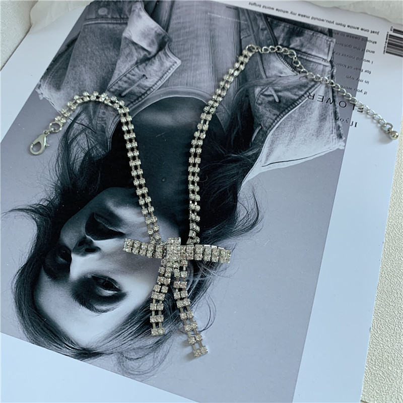 Korean girl flash diamond bow tassel neck chain short simple clavicle chain choker wholesale nihaojewelrypicture9
