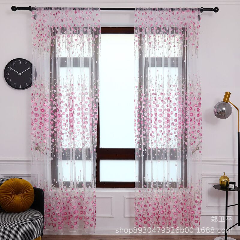 Factory direct pastoral style small rose printing curtain transparent window screen offset printing gauze curtain cross-border AliExpress wholesale Factory direct pastoral style small rose printing curtain transparent window screen offset printing gauze curtain cross-border AliExpress wholesale