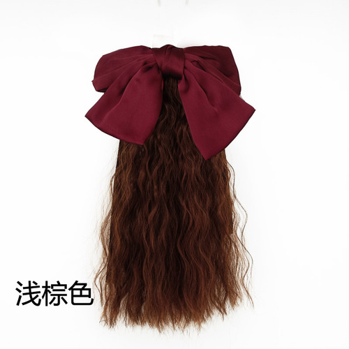 Child's Ponytail False Hair for Girls, Medium-Long Wavy Hair with Bow, False Hair with Ponytail Net, Celebrity Style Band Ponytail with Corn Waves