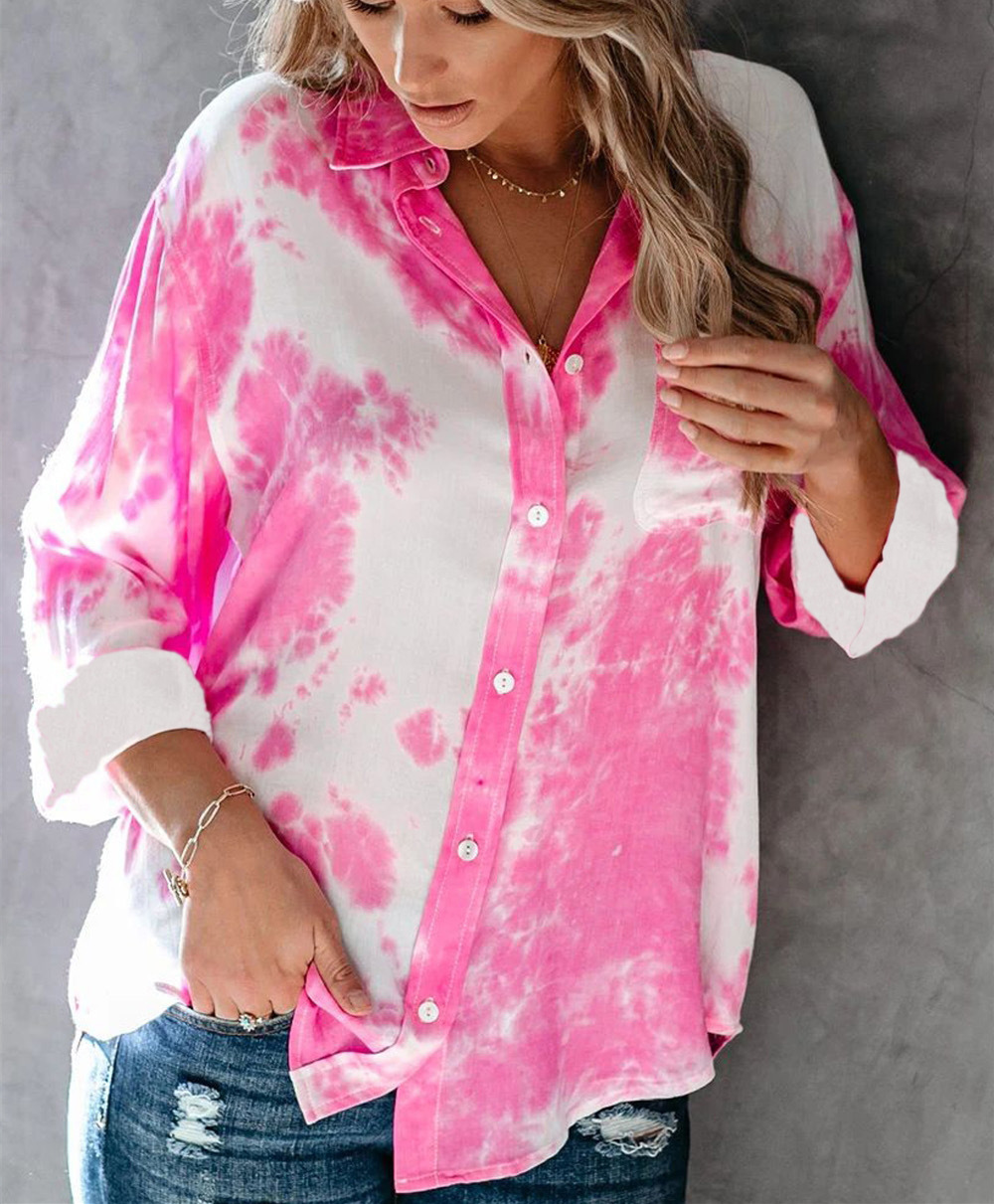 hot style women s autumn new gradient color printing loose tie-dye buttoned shirt NSYD3740