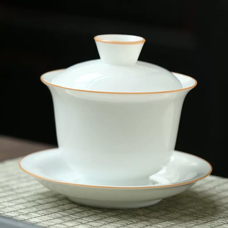 脂白描线羊脂玉盖碗大号三才杯茶碗甜白瓷陶瓷功夫茶具盖碗泡茶碗