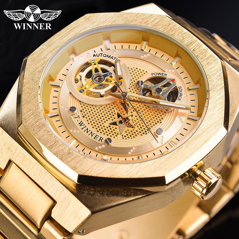 Nuevo ganador reloj mecánico automático octogonal de los hombres hueco de cinco puntas reloj mecánico correa de acero inferior transparente