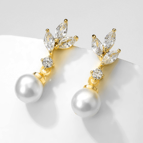 RAKOL Korean-style Fashion Minimalist Pearl Earrings for Women, Cross-border Classic Copper-inlaid Horse Eye Zirconium Leaf Earrings