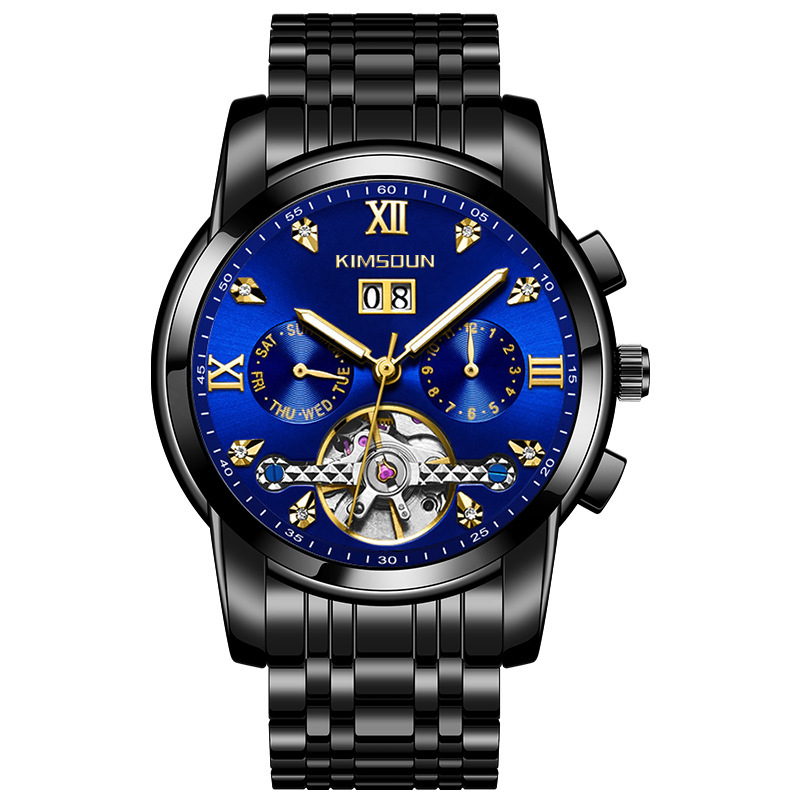 Kimsdun hombres correa de acero reloj mecánico automático calendario hueco volante impermeable reloj de pulsera mecánico K-1895A
