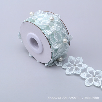 En stock 3,3 cm de una sola capa de flores bordadas de seis pétalos de flores orden perla encaje de organza de encaje ropa de falda de DIY