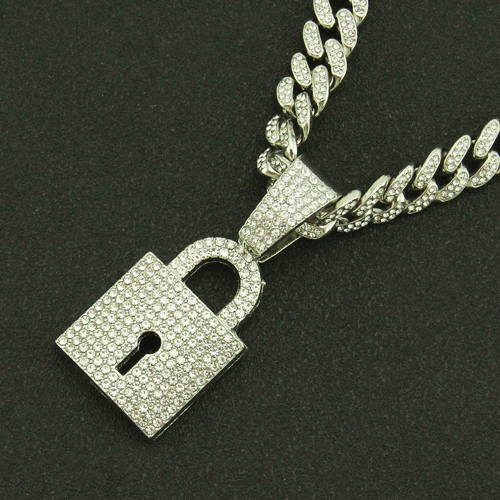 Creative Diamond Lock Shape Pendant Wide Cuban Chain Necklace display picture 2