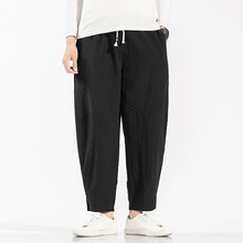 春夏新款复古棉麻九分休闲裤日系原创提花大码宽松哈伦萝卜裤子男