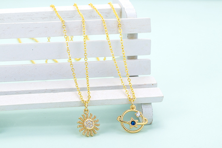 Fashion Star Blue Planet Universe Diamond Sun Flower Clavicle Chain Necklace display picture 1