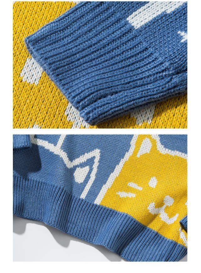 Herrenpullover mit Cartoon-Katzen-Print – Übergroßer Paarpullover im koreanischen Stil (Weiß/Schwarz/Blau/Orange, S-XXL)_voghion.com