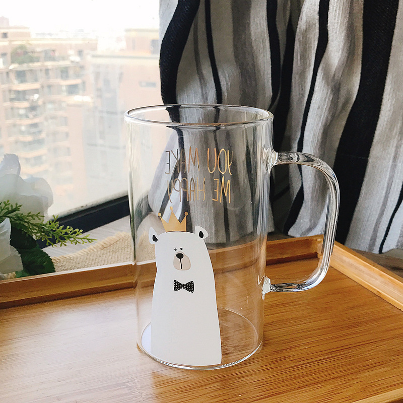 创意白熊玻璃杯可爱卡通熊直身马克杯带勺大容量情侣水杯学生
