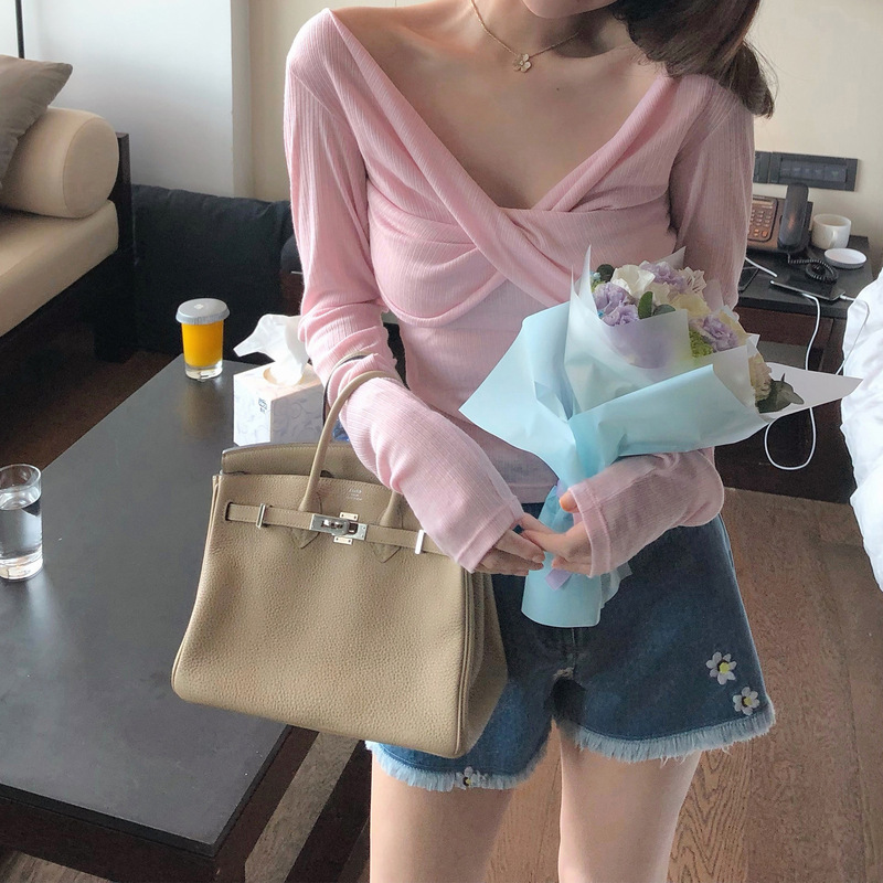 [Simeng] Big Sister C cup Twisted Thin T Design Cross Neck Slim Fit Slim Long Sleeve Top