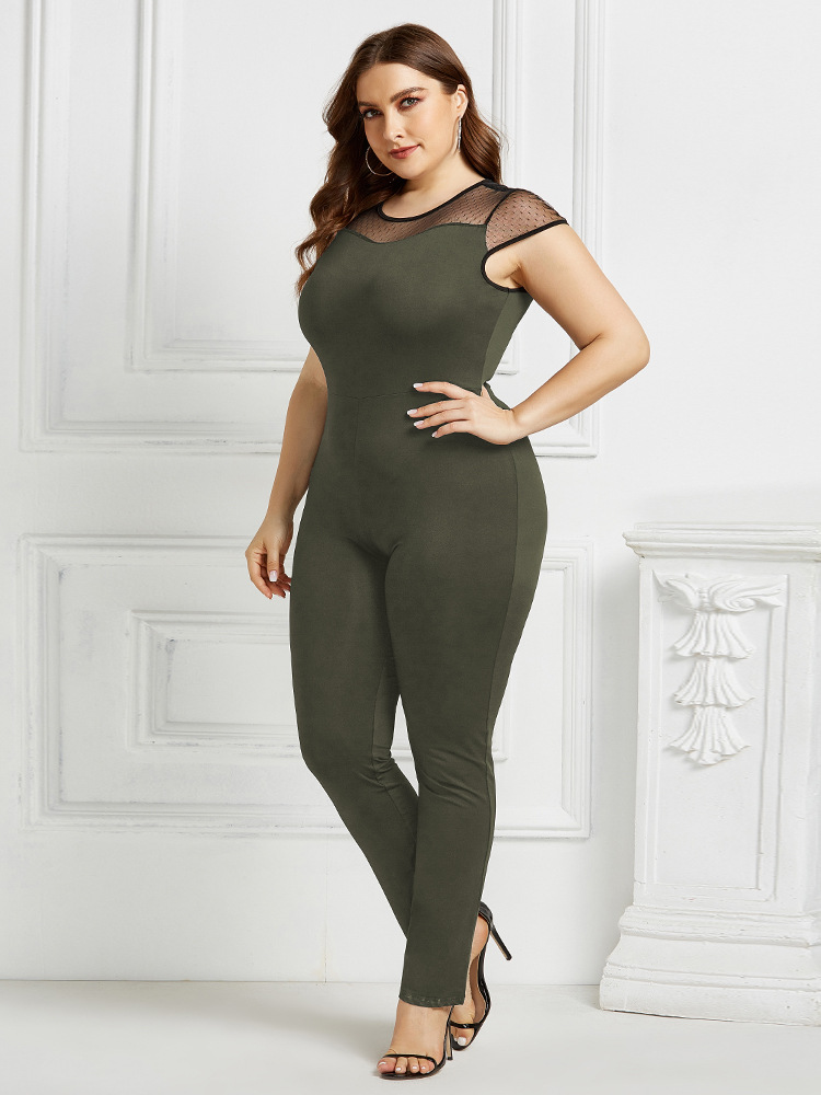 Mesh Stitching Sexy Large Size Fashion Short Sleeve Round Neck Jumpsuit NSLM33270