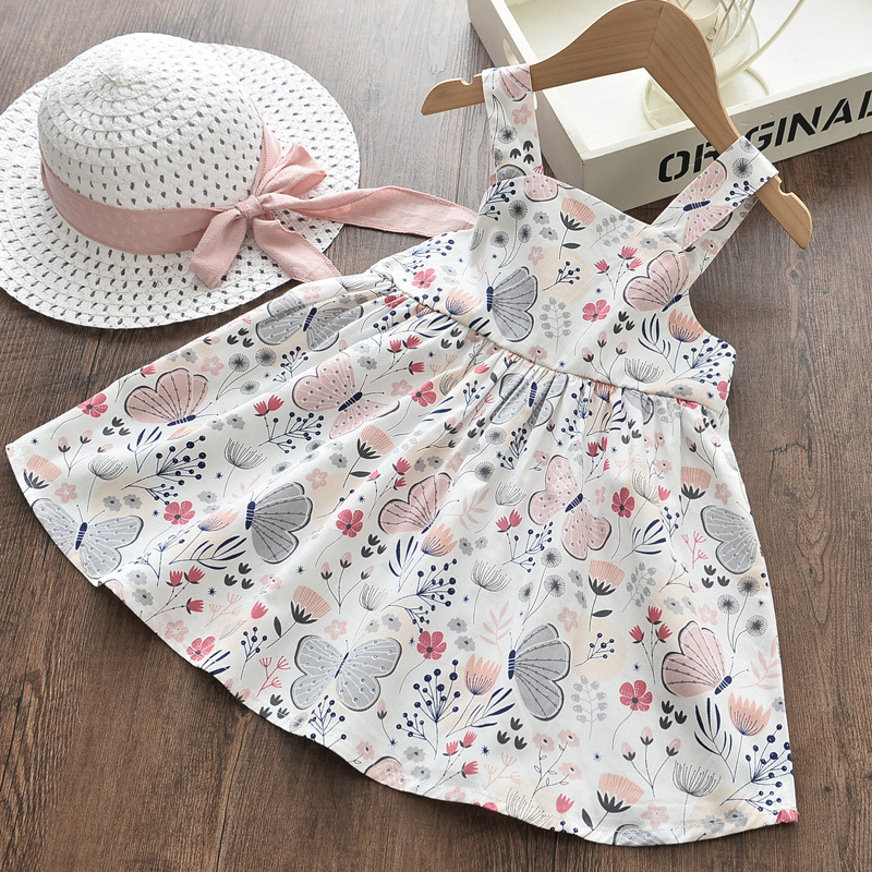 Foreign trade baby girl's cotton print skirt 2021 spring and summer new butterfly print suspender dress send hat