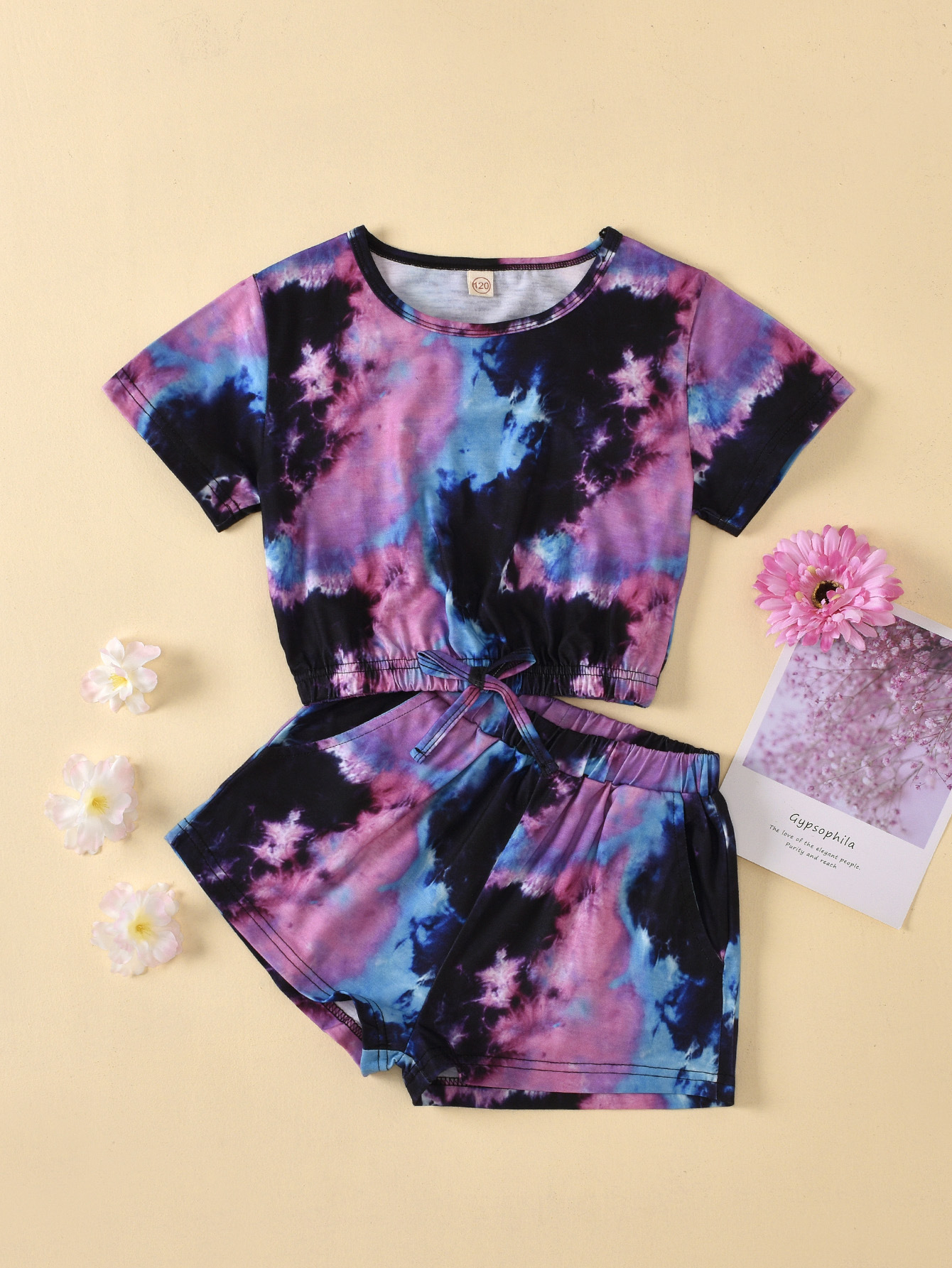 Kinder Tie-dye Rundhals Kurzarm Oberteil Und Rippshorts Set_voghion.com