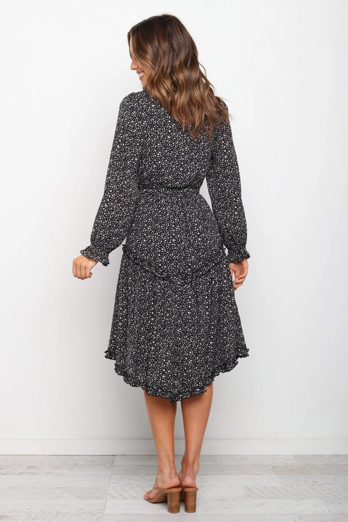  half-high collar long-sleeved waist belt printing mid-length dress NSYD3719