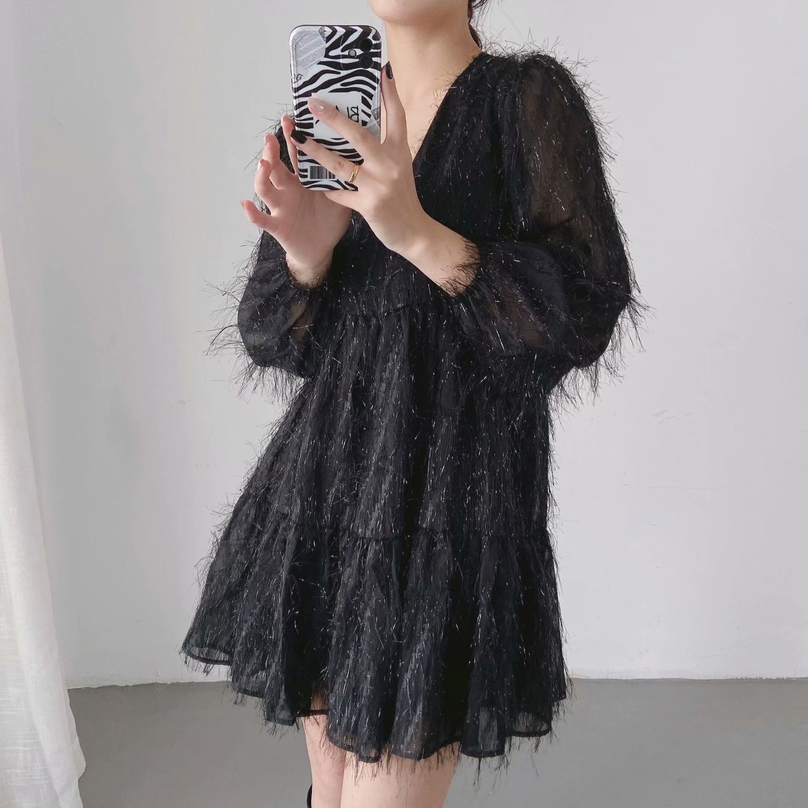 all-match new metal color line fringed V-neck dress  NSAM6680