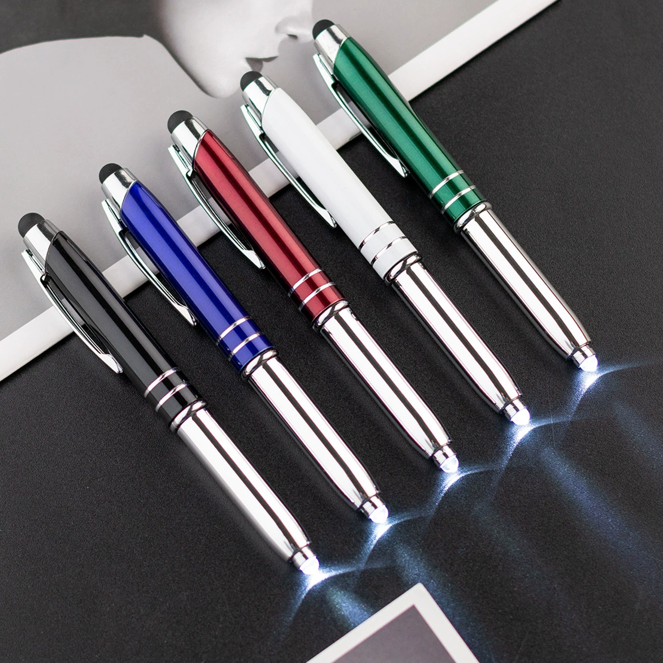 Metal LED universal ballpoint pen, bulb, three in one, wholesale