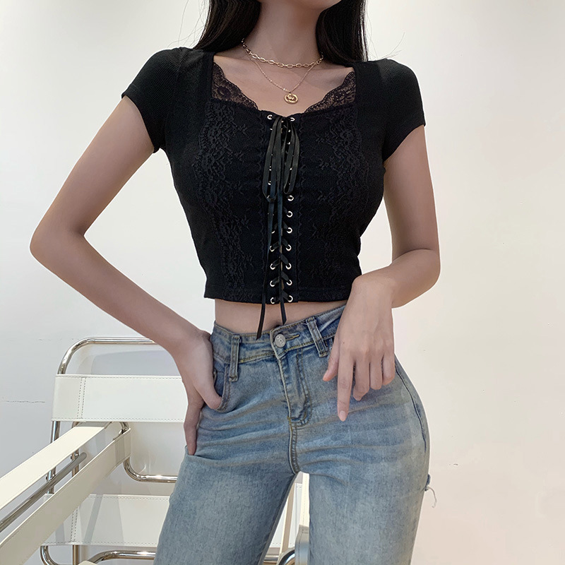 summer lace stitching drawstring tie exposed umbilical short T-shirt nihaostyles wholesale clothing NSGYB97812