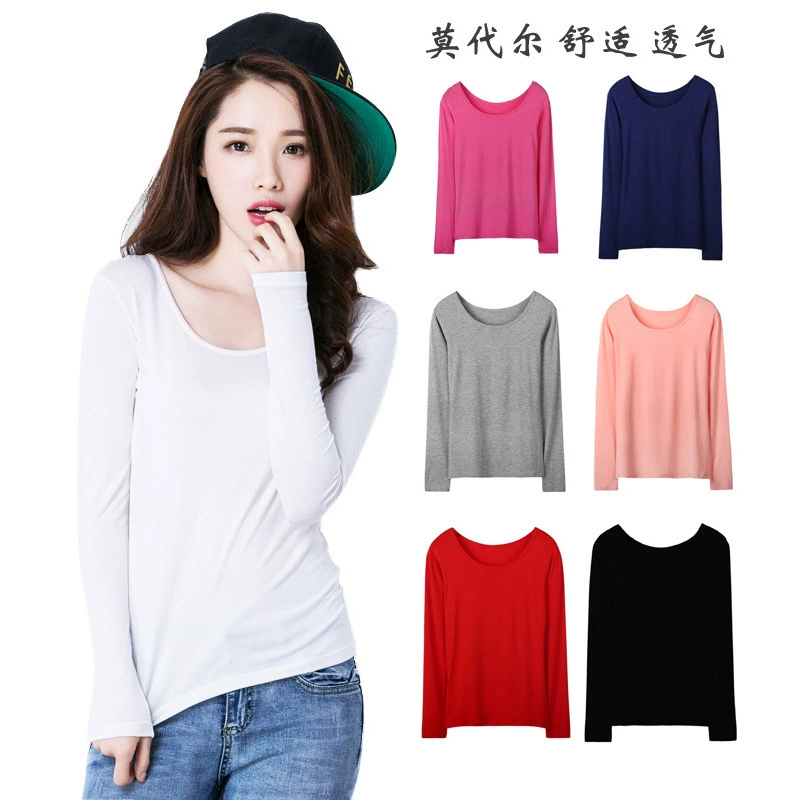 Базовая рубашка из модала, футболка с длинными рукавами, Женская Новинка на весну и осень, с круглым вырезом, большого размера, приталенный однотонный универсальный топ