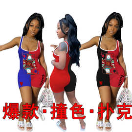 2020跨境女装新款CY1241ebay亚马逊wish欧美扑克撞色连体裤