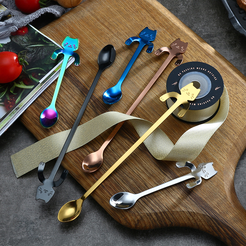 걸이용 도매 커피 스푼 304 스테인레스 스틸 고양이 스푼 만화 손잡이 교반 스푼 차 스낵 스푼 차 스푼