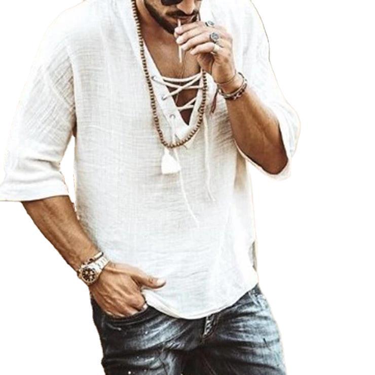 2024 Summer New Product Amazon European and American Men's Clothing Foreign Trade Fashion Drawstring Solid Color T-Shirt Cotton and Linen Men's Dropshipping