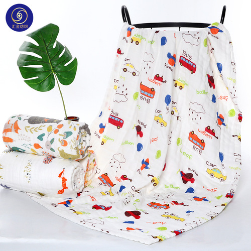 Pure Cotton Class A Products: High-Density 6-Layer Gauze Baby Quilt, Infant Blanket, Newborn Bubble Yarn Bath Towel with Baby-Print Designs
