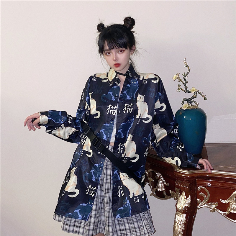 Long Sleeve Shirt Women's Spring and Autumn Thin Loose Retro Hong Kong Style Design Sense Niche Cat Strange Style Girl Cross-border Top