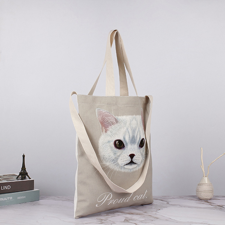 卡通猫咪斜纹棉麻印花手提帆布袋定 制学生专用单肩斜垮棉布包