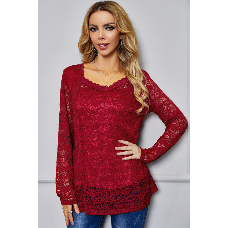 fashion red crochet hollow long-sleeved lace shirt top NSSA26008