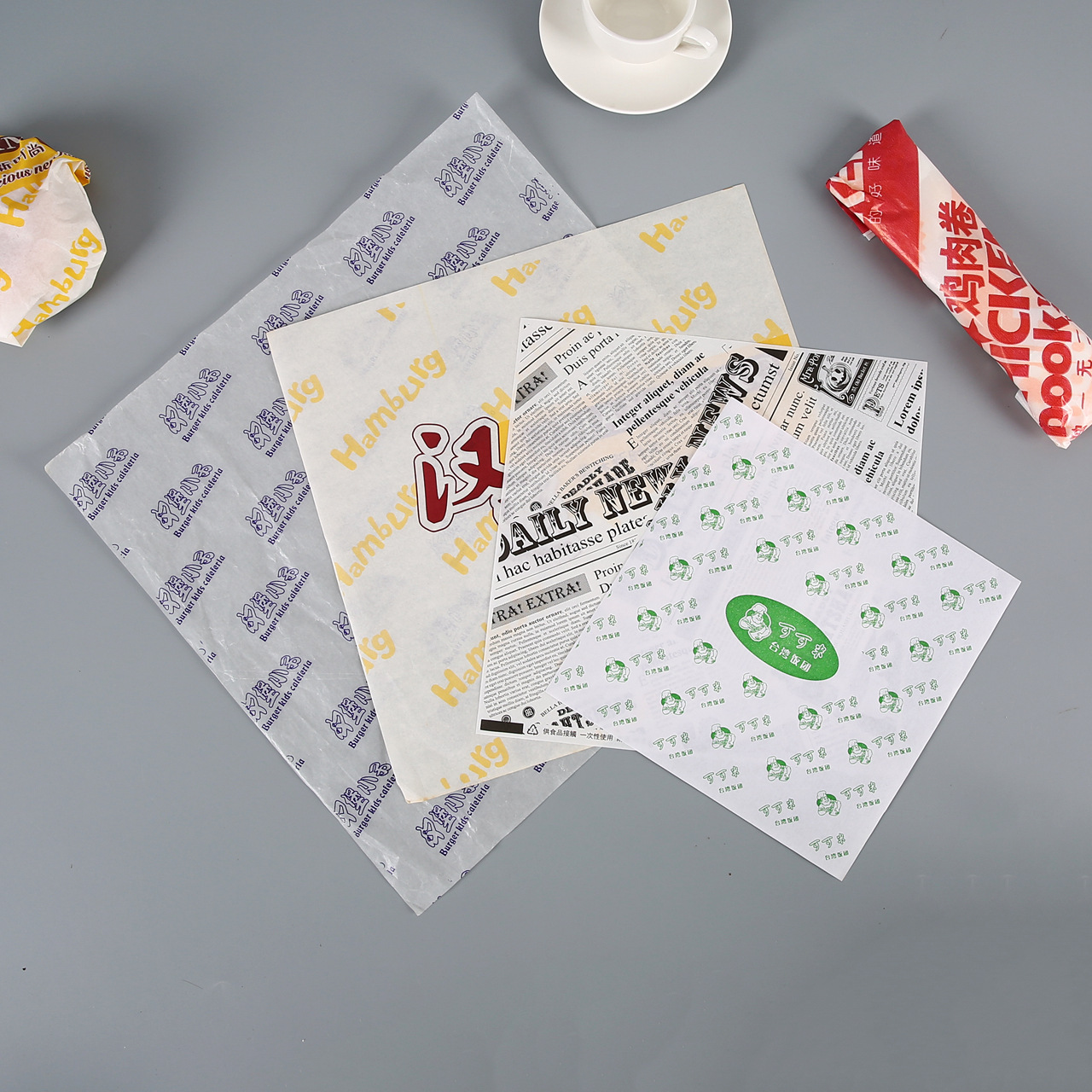 汉堡淋膜纸鸡肉卷包装纸台湾饭团纸一次性食品英文半透明蜡纸