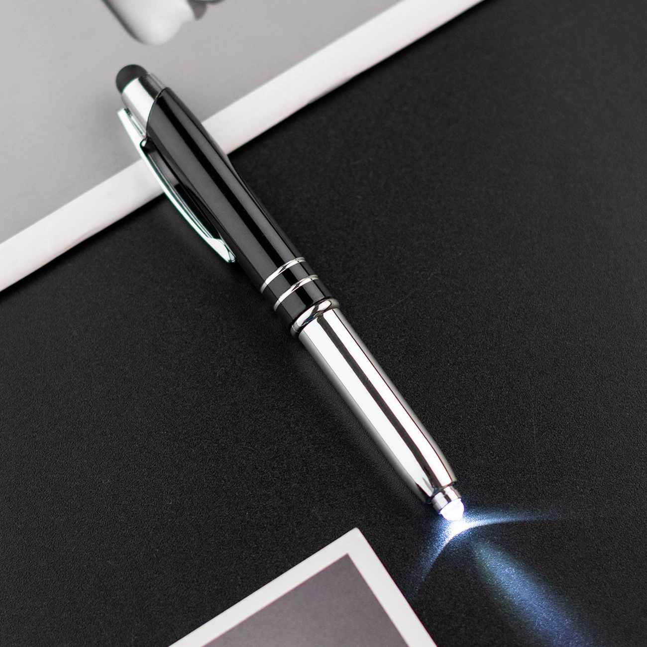 Metal LED universal ballpoint pen, bulb, three in one, wholesale