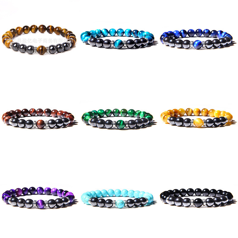 Amazon 8mm Natural Tiger Eye Stone Elastic Men's Bracelet Beads Charm Jewelry Manufacturer Wholesale Cross-Border Hot Sale