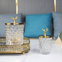 簡約歐式美式金色鹿頭裝飾儲物罐 浮雕水晶玻璃棉簽牙籤罐糖果罐