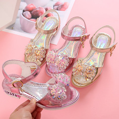 Girls' Sandals Children's Princess Shoes 2023 Summer New Medium and Large Children Girls' Student Performance Shoes Rhinestone Bowknot 