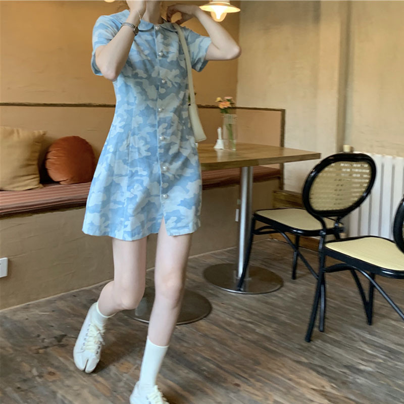 自制推荐！ 后背小心机设计 牛仔迷彩蓝连衣裙2020夏季女装