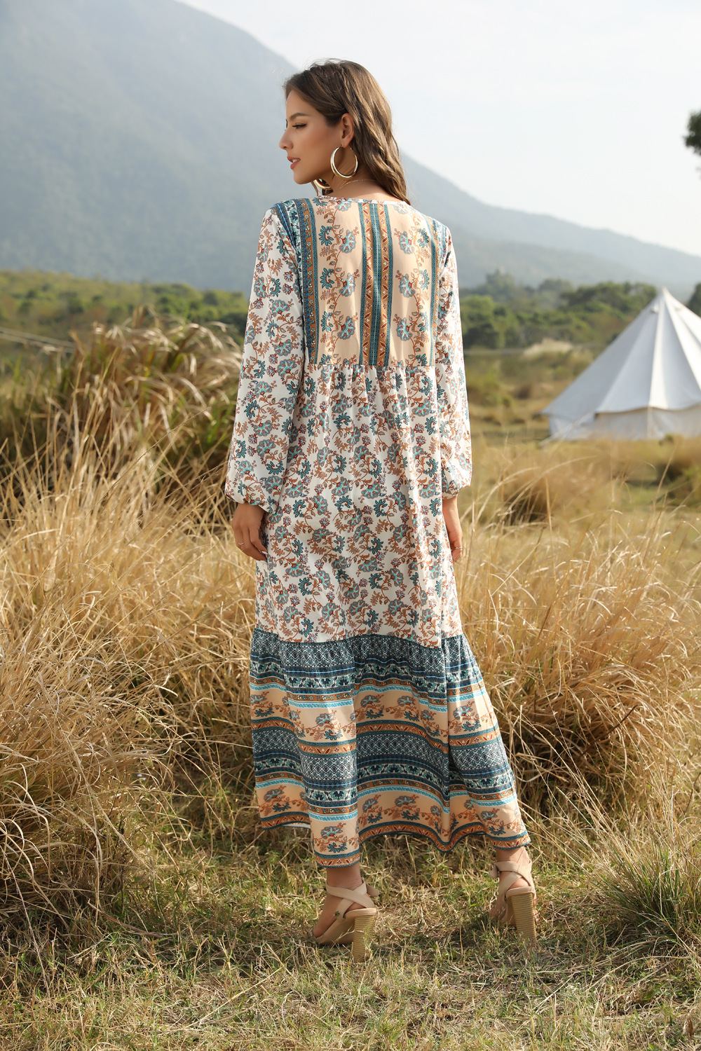 Lace-up long bohemian print loose long sleeve dress NSDF1494