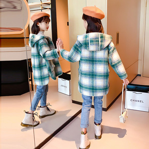 2020秋冬新款韩版女童复古格子呢大衣中大童时尚呢外套童装地摊货