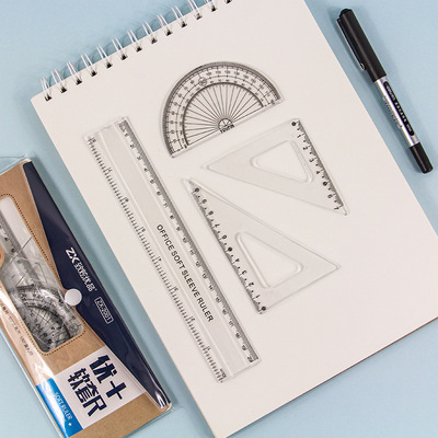 P82新款学生套尺透明可弯曲软尺套装四件套直尺20CM三角尺量角器