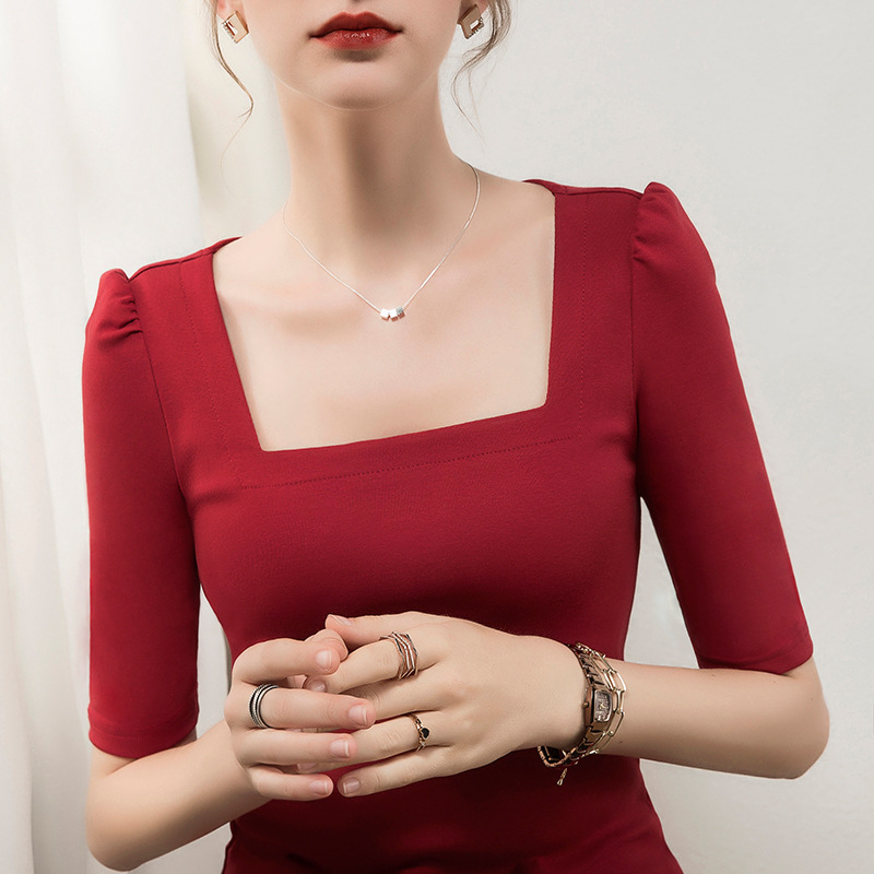Summer French-Style Square-Neck Top for Women, Half-Sleeve, Slim-Fit, Five-Quarter Sleeve, Pure Cotton T-Shirt, Early Autumn European Style Mid-Sleeve Shirt
