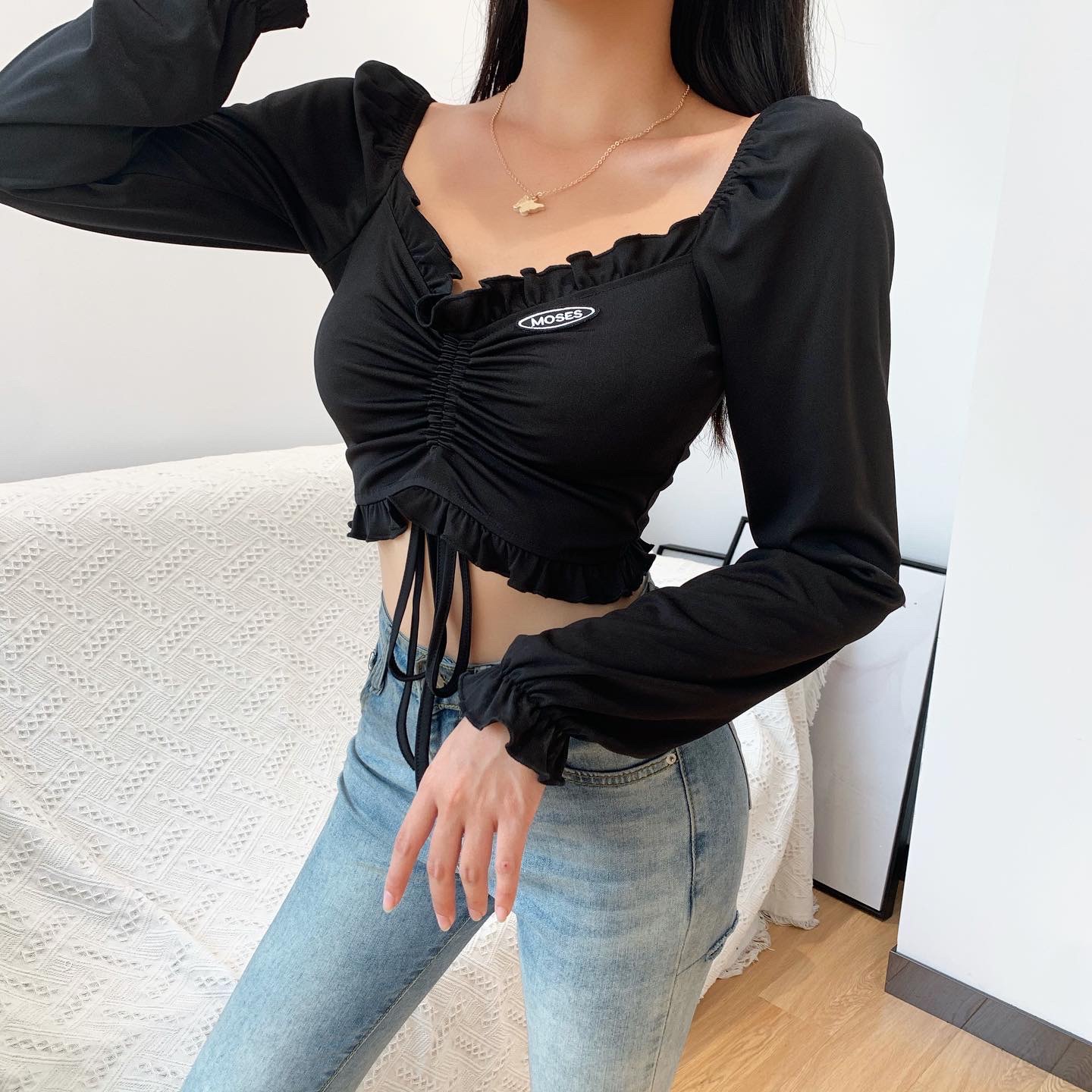 Sexy Pleated Lace-Up Trumpet Sleeves V-Neck T-Shirt NSGYB97726