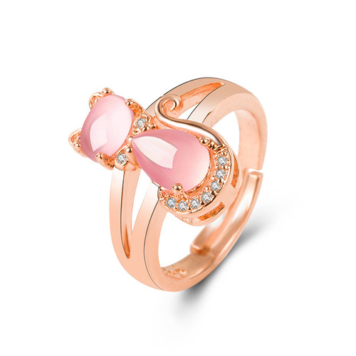 Korean version pink crystal cat ring for women with diamond hibiscus stone cat ring cute cat open fashion ring