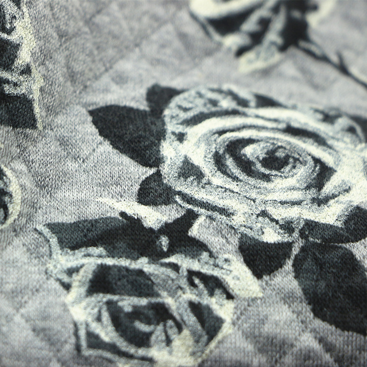 涂料印花空气层针织纬编小提花菱形夹丝绗缝麻灰印花空气层服装布