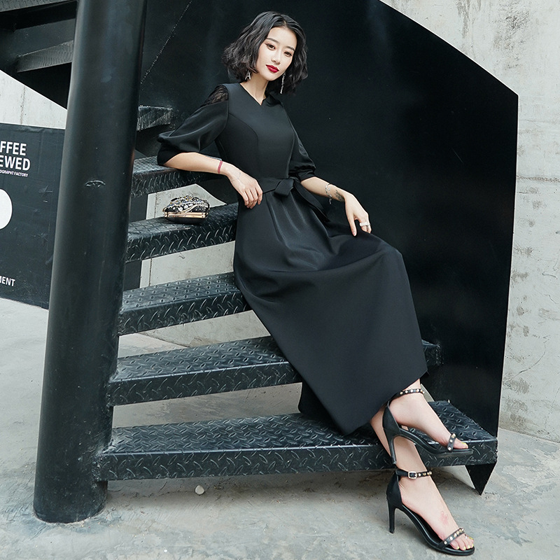 Vestido de noche negro para mujer, elegante, de longitud media, simple y elegante, vestido se puede usar más tamaño en tiempos ordinarios