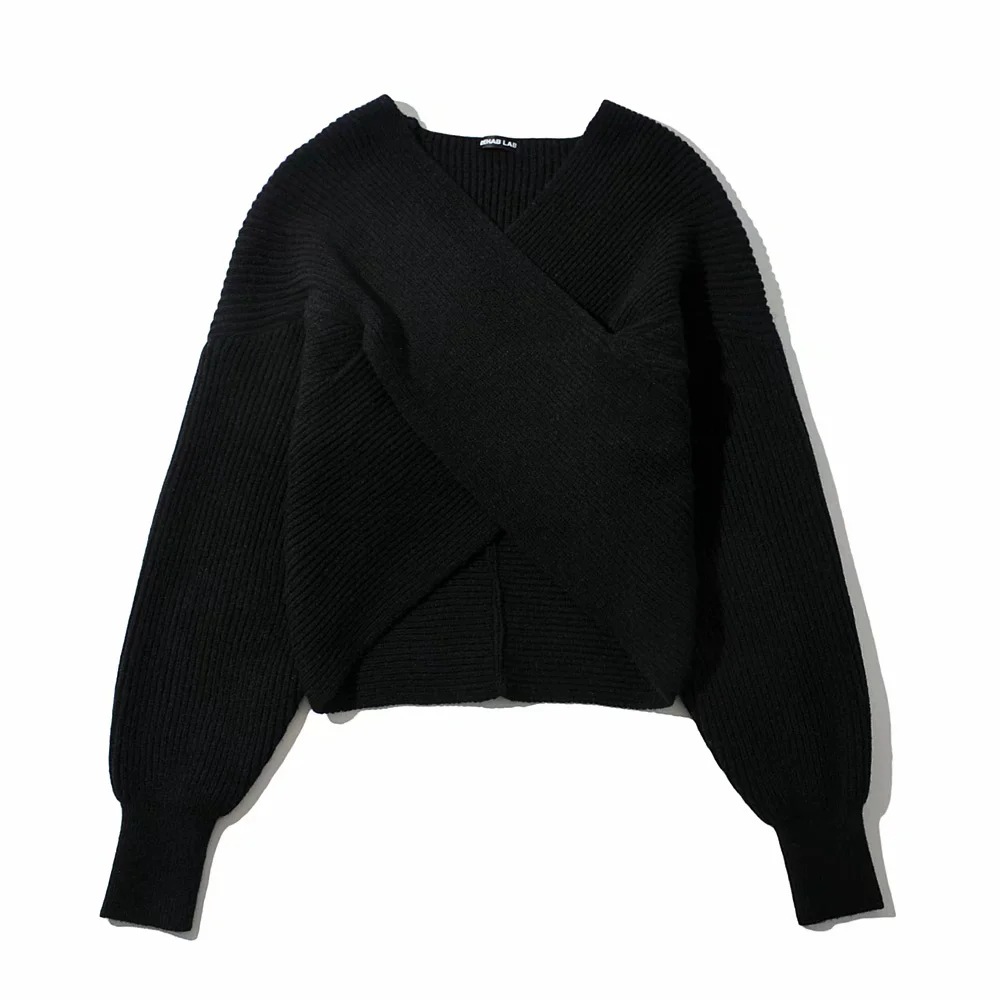 fashion cross V-neck loose pullover sweater NSHS31422