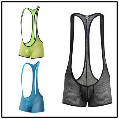 外贸跨境新款男士纯色情趣内裤连体衣摔跤服背心吊带网眼平角2011|ms