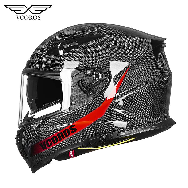 VCOROS 탄소 섬유 풀 헬멧 남자의 오토바이 헬멧 전체 커버 개성 오토바이 안티 안개 더블 렌즈 빛나는 달리기 헬멧