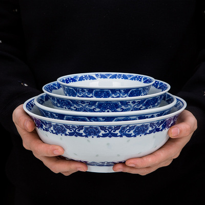 菜碗大汤碗面碗大碗老式怀旧青花大碗玲珑瓷景德镇餐具可定制logo|ru