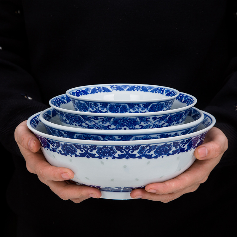 菜碗大汤碗面碗大碗老式怀旧青花大碗玲珑瓷景德镇餐具可定制logo|ru